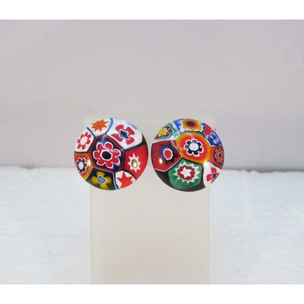 Vintage Millefiori Art Glass Dome Round Clip on Earrings